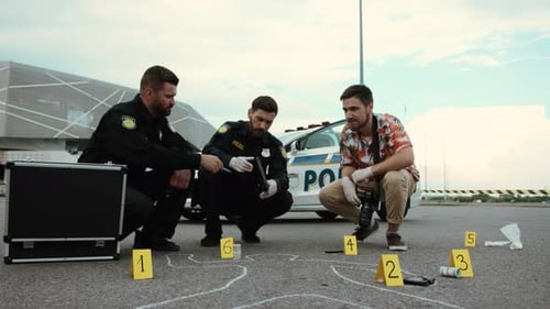 Police Investigating Crime Scene with Body Outline