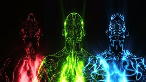 Vibrant Digital Human Outlines with Glowing Energy Flow