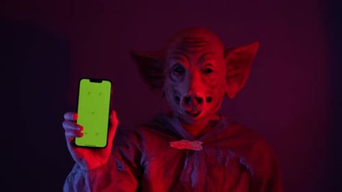 Close Up of Man with Creepy Pig Mask Holding Green Screen Smartphone Against Studio Background