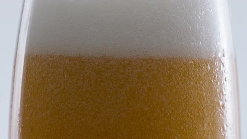 Amber Beer White Foam Bubbling on Edge Glass at White Background Close