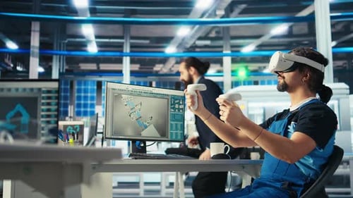 Photovoltaics Factory Engineer Analyzing Data Using VR Headset