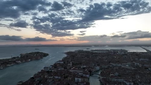 Cinematic Aerial Venice Cityscape Landmark at Sunset or Night