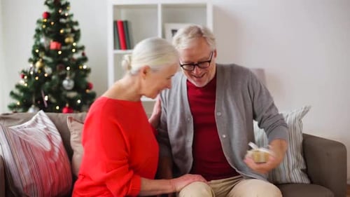 Loving Senior Couple Exchanging Gifts at Christmas Time