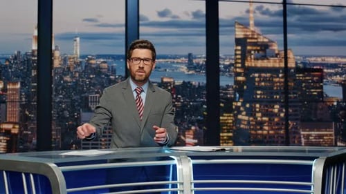 Bearded Anchor Man Talking at Newscast Multimedia Channel Closeup Daily News
