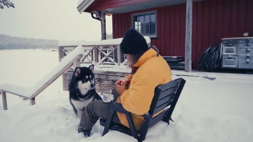 Person and dog enjoying winter in rural setting