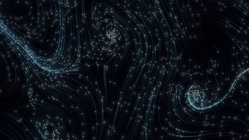 Collection Nano : particules brillantes s'écoulant en lignes vertes lisses et se déplaçant selon des mouvements circulaires en orbite