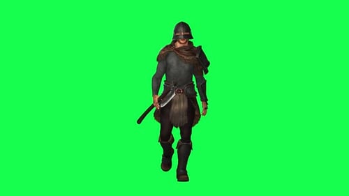 War soldier in chroma key walking old armor and helmet holding ax in hand with leather pants