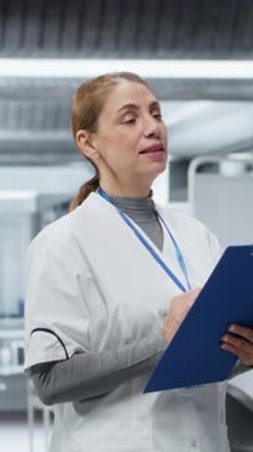 Woman Doctor Writes on Clipboard in Hospital Setting