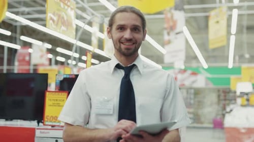 Smile Man the Seller Work Use Tablet Computer Look at Camera in Tech Department in Supermarket Feel