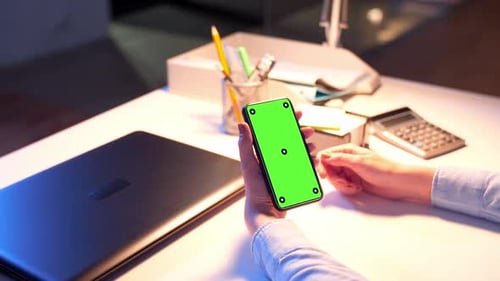 Business, Deadline And Technology Concept - Businesswoman With Chroma Key Green Screen On Smartph...