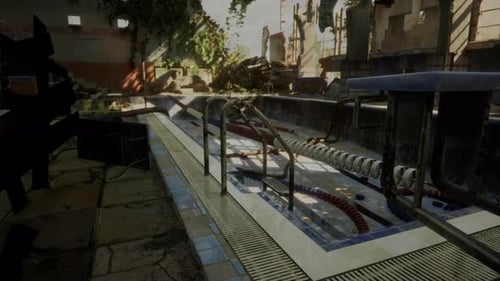 Una piscina abandonada rodeada de sillas vacías