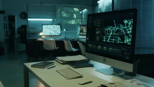 Centre de commandement militaire avec ordinateurs la nuit