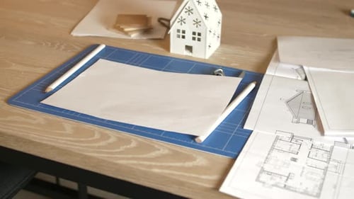 Workspace of architect on wooden table with plans and blueprints. Close up static view