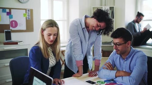 Young business team collaborates on a laptop in a bright modern office space