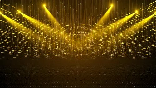 Awards stage background with moving golden particles spotlights luxury blue light streak. Particle l
