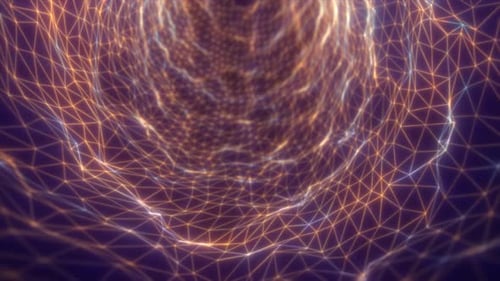 Abstract glowing tunnel of triangular wireframes in warm golden tones