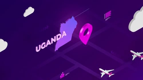 Isometric Map of Uganda with Animated Travel and Location Icons