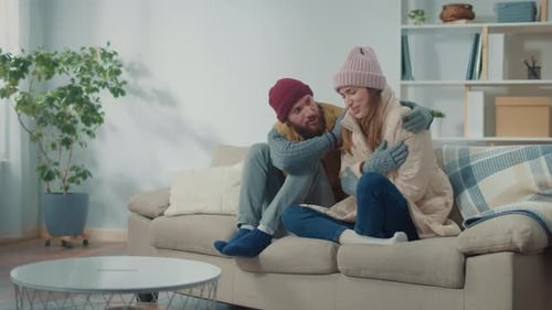 Couple at Unheated Apartment Without Heating Due Debt Low Temperature Indoor