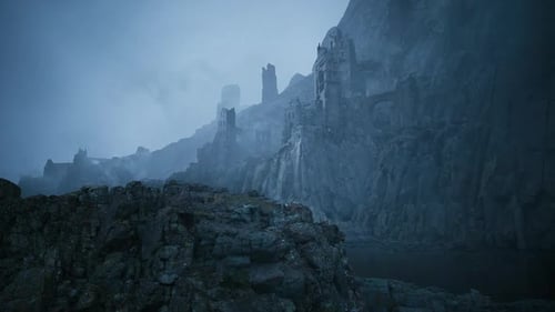 Dark Ruins of an Ancient Castle Shrouded in Mist at Twilight Hour