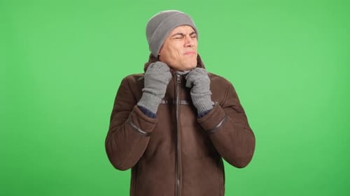 Man Coughing Expressing Discomfort Isolated on Green Screen Background