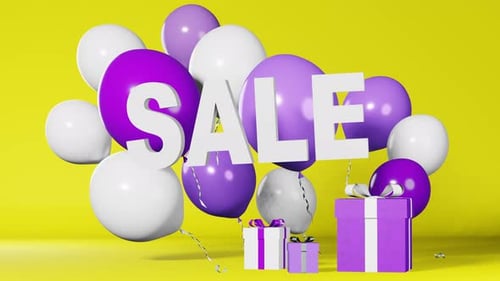 Animated 3D Sale Text with Floating Balloons and Gift Boxes
