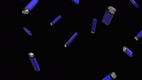 Falling lighters over alpha channel. Rain of lighters across the screen. Lighters backgroud.