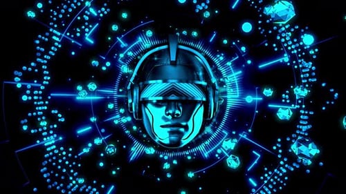 Futuristic VR Head with Glowing Neon Technology Elements