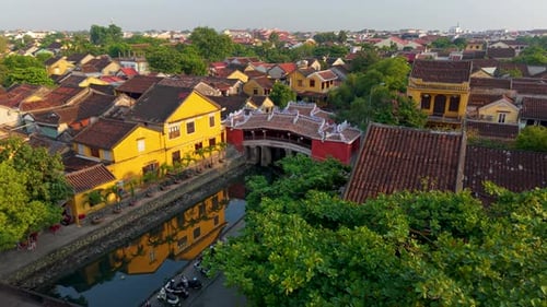 Drone Footage of Japanese Bridge in Hoi An Vietnam