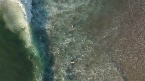 Vista de arriba hacia abajo de surfistas en la playa de Llandudno, Ciudad del Cabo, Sudáfrica: toma aérea de un Zumbido