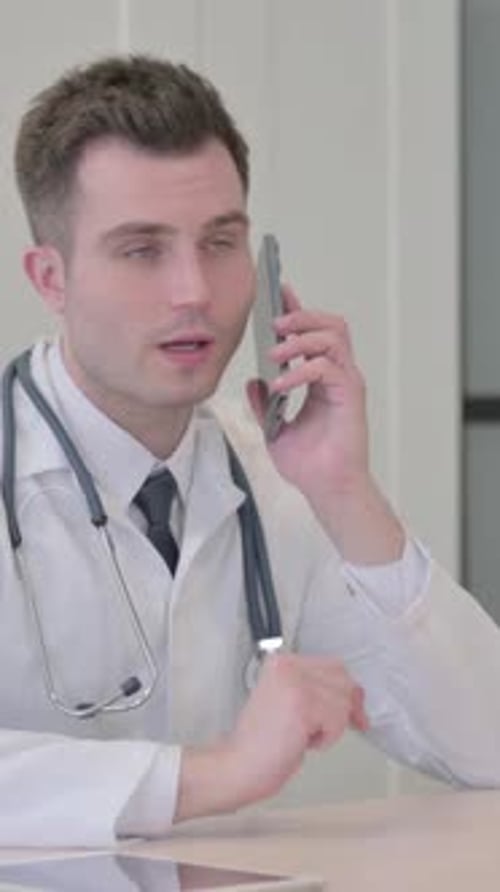 Young Doctor Talking on Phone in Clinic, vertical video