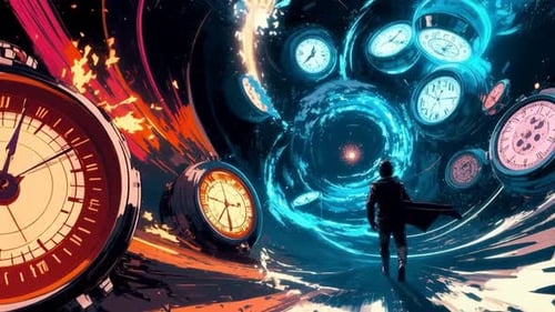 Der Mensch betritt einen zeitreisenden Wirbel - Portal - Futuristische Science-Fiction-Fantasy - Schwebende Uhren
