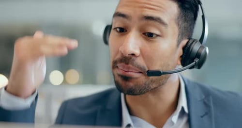 Man, face and telemarketing communication in call center for customer service