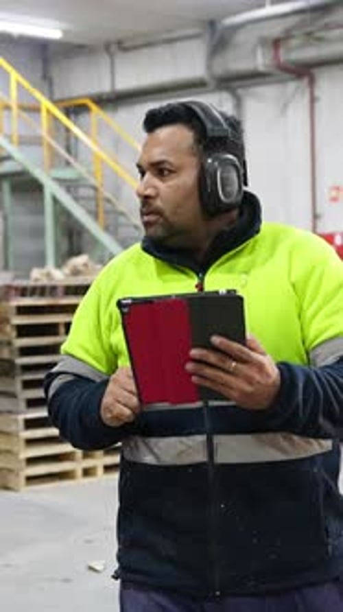 Warehouse Worker Using Tablet in Slow Motion