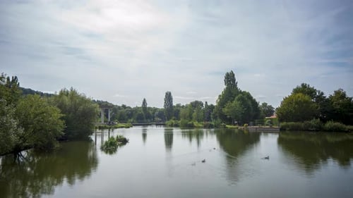 Timelapse at a small pond in the spa town Bad Liebenstein in Thuringia with swimming ducks, passing