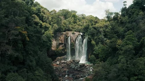 Spectacular Aerial Drone View Of A Tropical Waterfall Oasis Paradise