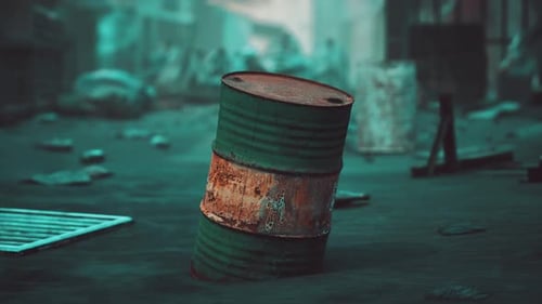 Weathered Green Barrel in Industrial Wasteland Loop Animation