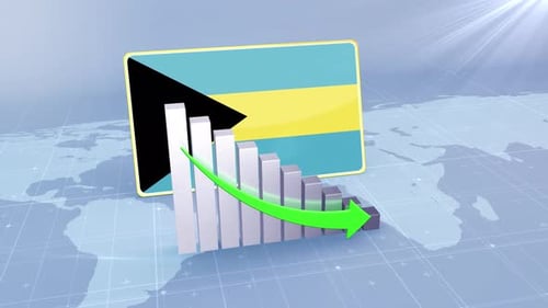 Bahamas Flag With Decrease Bar Chart Graph And Arrow Green