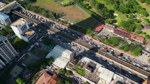 Slow Traffic Jam Over EDSA Highway Near Greenhills City In San Juan, Metro Manila, Philippines. Aeri