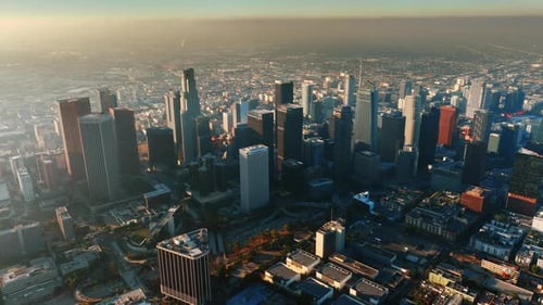 Light of morning sun illuminating the group of skyscrapers in the downtown of Los Angeles