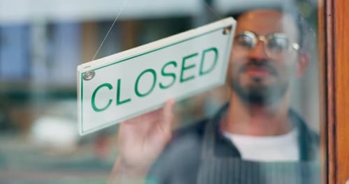 Door closed sign, smile and restaurant man, small business owner or server with poster for end
