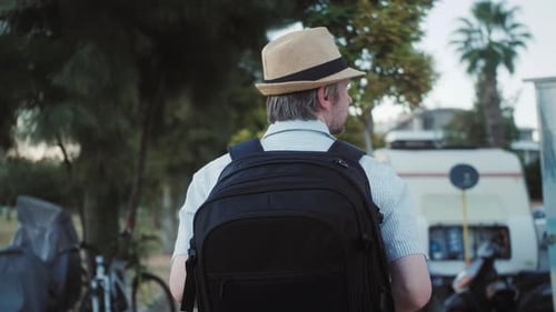 Happy Tourist Man Walking to Airport Terminal