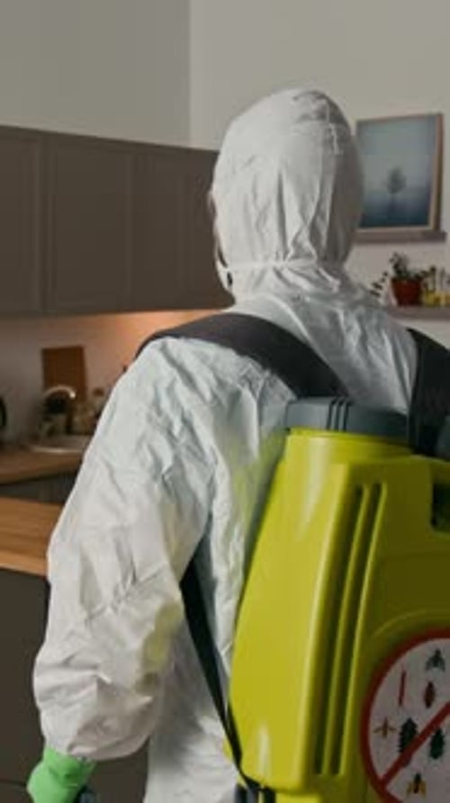 Arbeiter im schützenden Overall, der den Wohnraum desinfiziert, vertikales Porträt