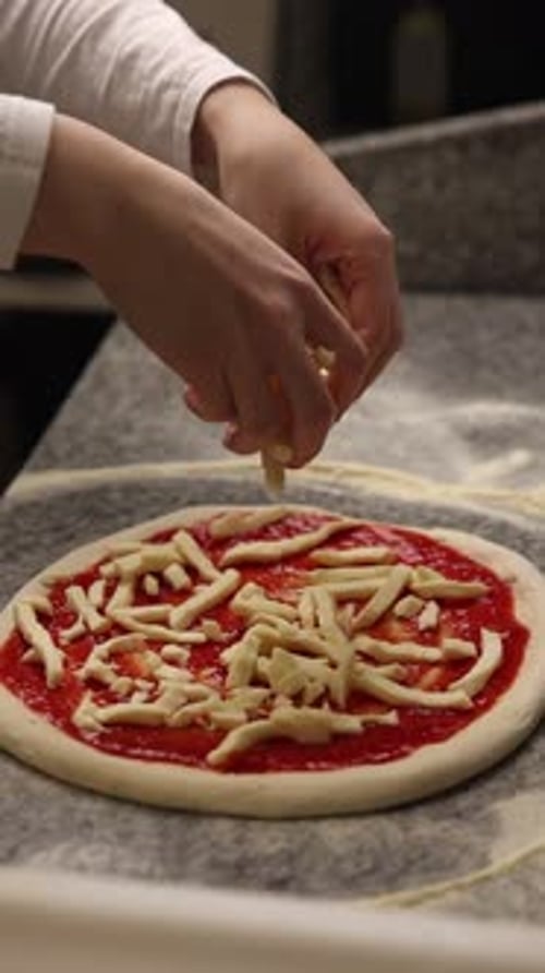 The chef makes delicious pizza in a professional kitchen.