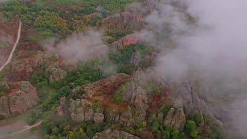 Aerial view of autumn rocks and forest, Bulgaria.