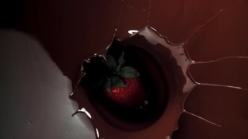 Strawberry Falls Into Milk Chocolate Creating Splash