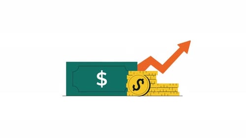 4k Dollar Banknotes and Coins with Up Arrow. Financial Growth Concept Animation Video