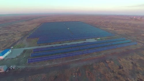 Solar Panels Power Plant Flying Over