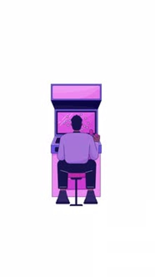 Seated gamer black man at arcade machine 2D character vertical animation