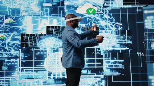 Man Using VR Headset with Futuristic Digital Backdrop