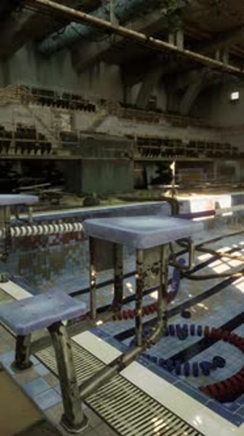 An Eerie Abandoned Swimming Pool in an Old Building Devoid of Water and Life